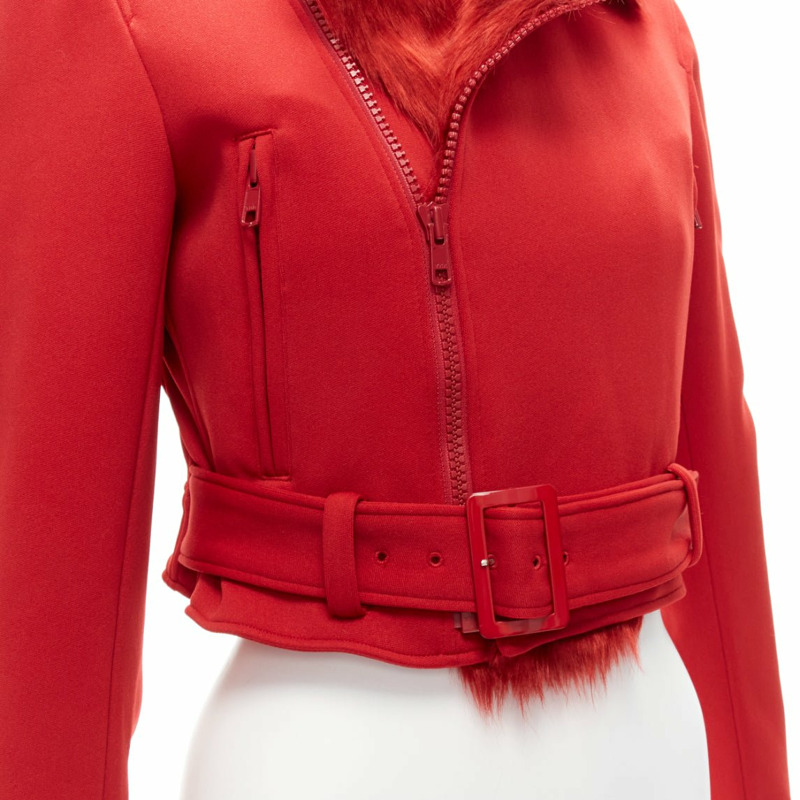 YOHJI YAMAMOTO red faux fur collar 3 stripes belted cropped biker jacket S-6