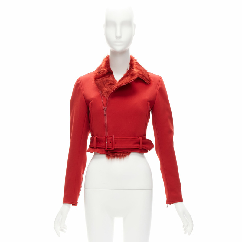 YOHJI YAMAMOTO red faux fur collar 3 stripes belted cropped biker jacket S-9