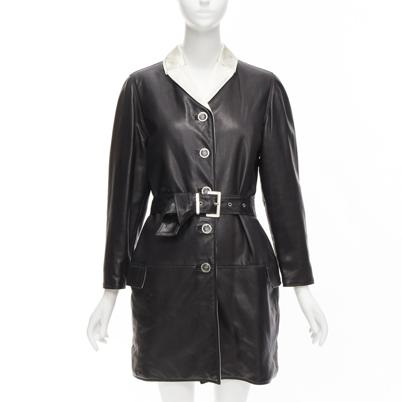 GIANNI VERSACE Vintage black leather white silk medusa button belted coat-0