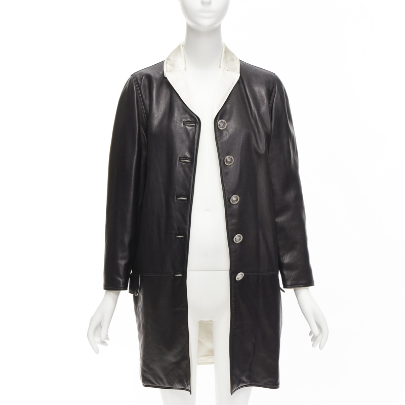 GIANNI VERSACE Vintage black leather white silk medusa button belted coat-2