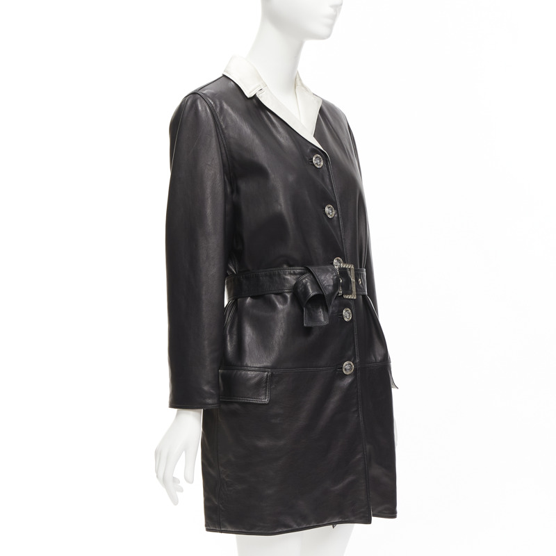 GIANNI VERSACE Vintage black leather white silk medusa button belted coat-4