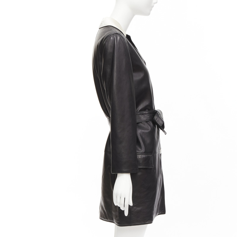 GIANNI VERSACE Vintage black leather white silk medusa button belted coat-5