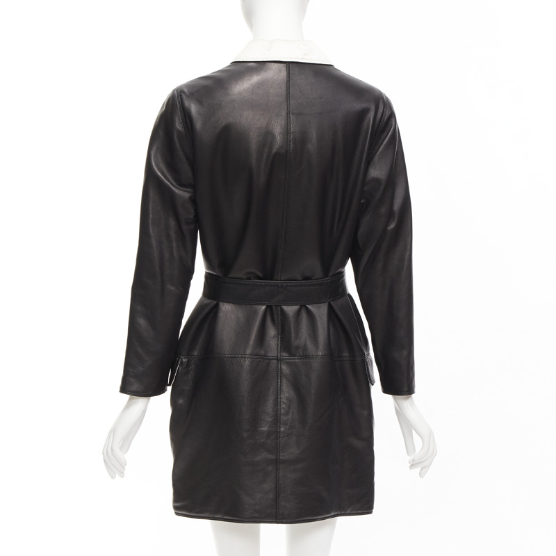 GIANNI VERSACE Vintage black leather white silk medusa button belted coat-6