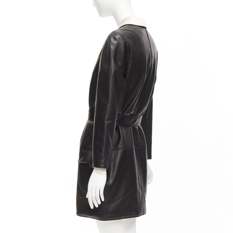 GIANNI VERSACE Vintage black leather white silk medusa button belted coat-7
