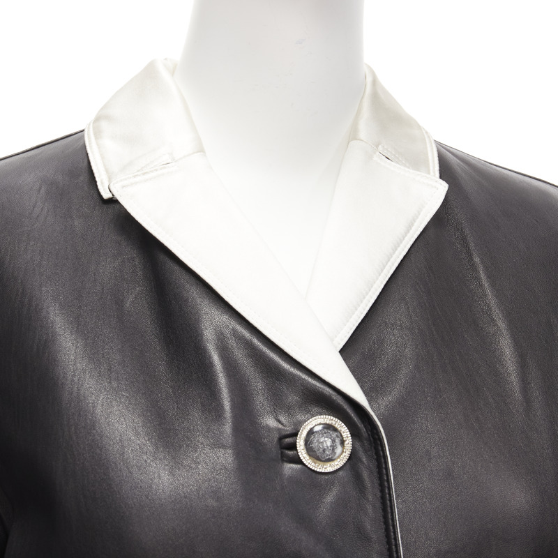 GIANNI VERSACE Vintage black leather white silk medusa button belted coat-8