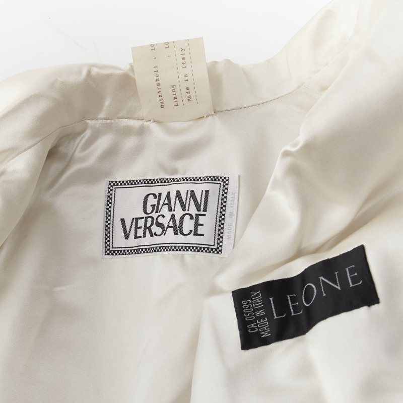 GIANNI VERSACE Vintage black leather white silk medusa button belted coat-9
