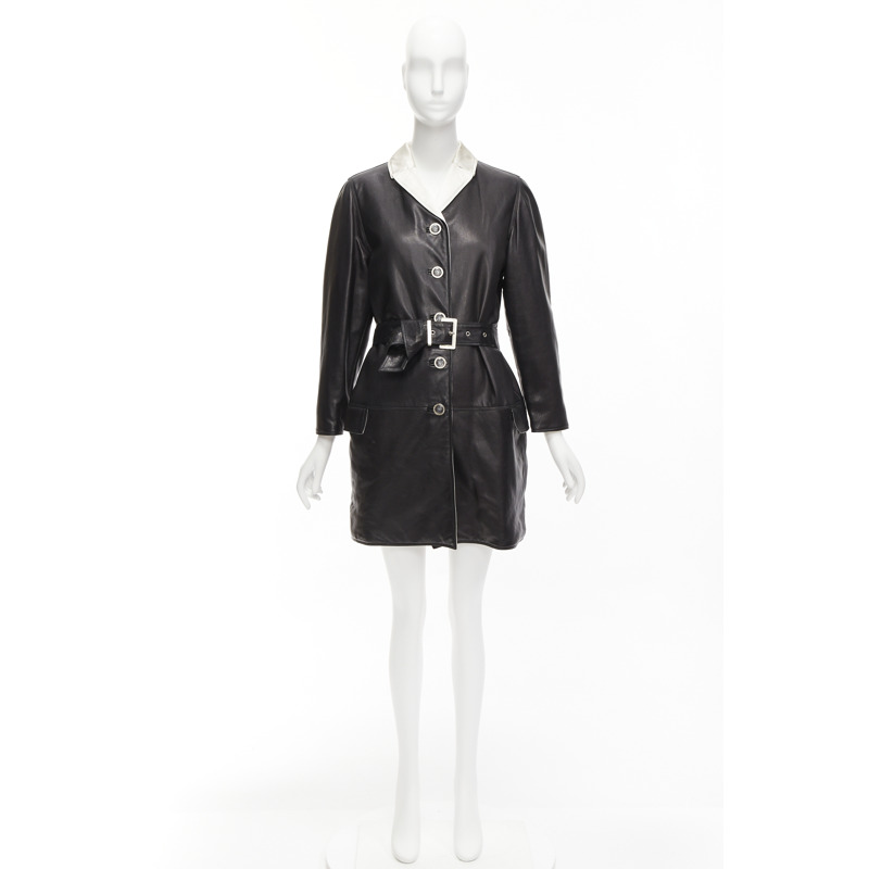 GIANNI VERSACE Vintage black leather white silk medusa button belted coat-10