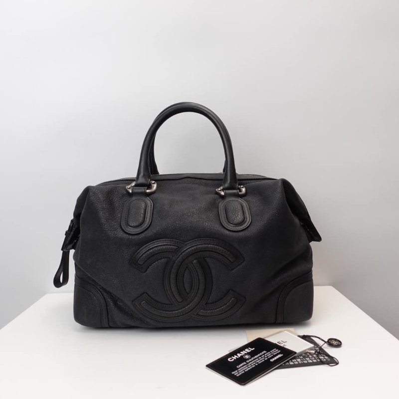【近新閒置品】Chanel香奈兒黑銀顆粒磨砂牛皮手提托特保齡包旅行袋購物袋經典百搭-0