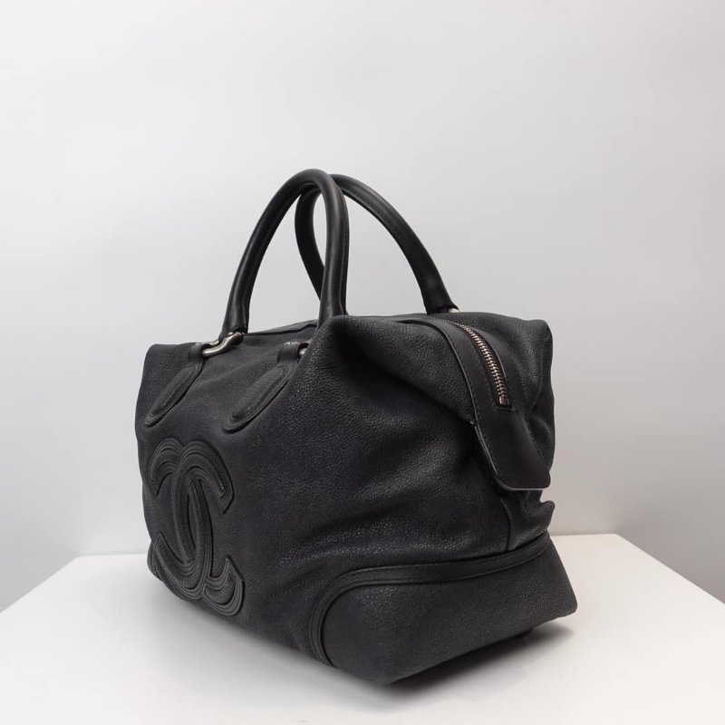 【近新閒置品】Chanel香奈兒黑銀顆粒磨砂牛皮手提托特保齡包旅行袋購物袋經典百搭-3