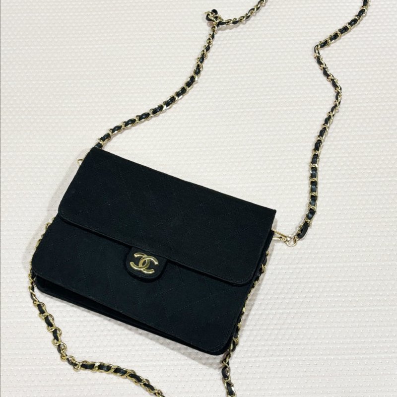 CHANEL 少見 CF22 布面肩背包 黑金 Vintage-6