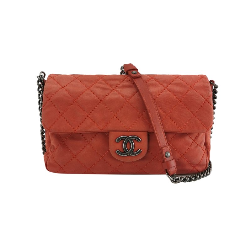 9❤Chanel 橘色磨砂皮菱格雙C翻蓋鏈條單肩包-0