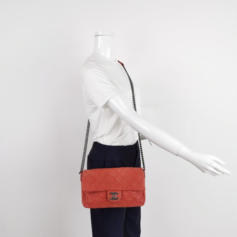 9❤Chanel 橘色磨砂皮菱格雙C翻蓋鏈條單肩包-1