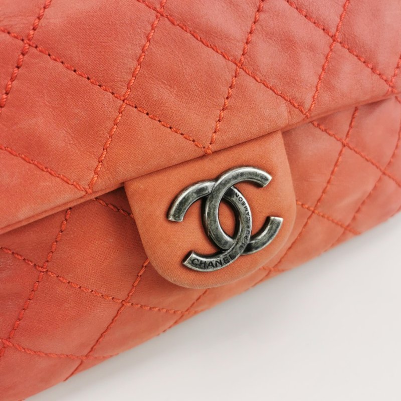 9❤Chanel 橘色磨砂皮菱格雙C翻蓋鏈條單肩包-7