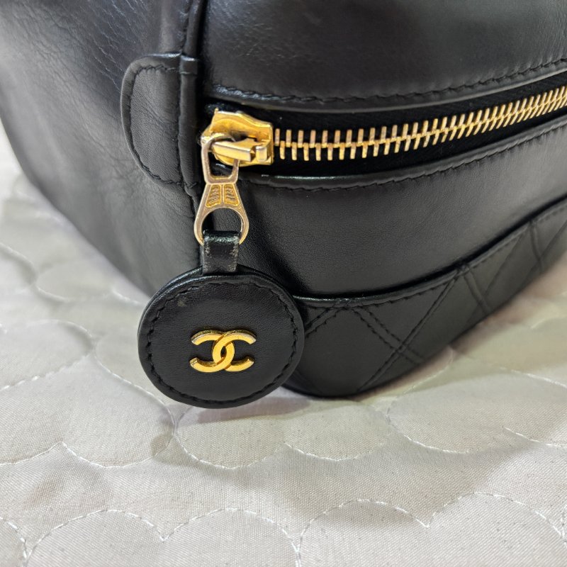 CHANEL 少見 皮革化妝包 手提包 方包 黑金 Vintage-2