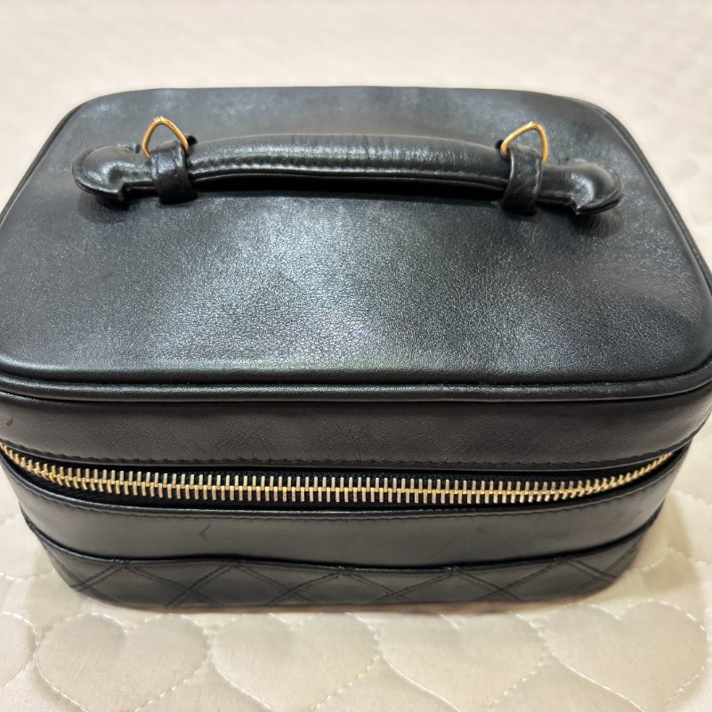CHANEL 少見 皮革化妝包 手提包 方包 黑金 Vintage-5
