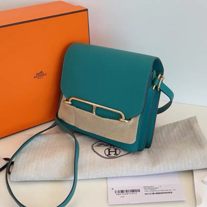 99新 閒置 Hermes 愛馬仕 roulis mini 豬鼻子19 淡金扣 U1維羅納綠 evercolor 皮 D刻-3