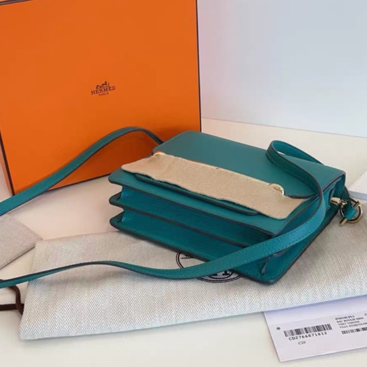 99新 閒置 Hermes 愛馬仕 roulis mini 豬鼻子19 淡金扣 U1維羅納綠 evercolor 皮 D刻-7