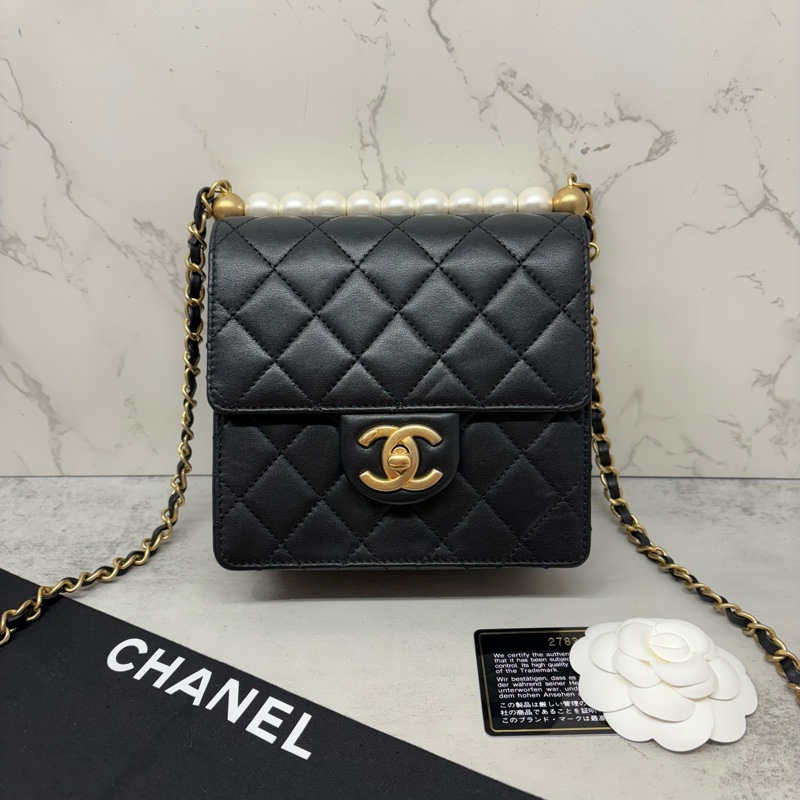 CHANEL香奈兒|豎版cf方胖 珍珠菱格紋口蓋包/鍊包 黑金 雷標27開-0
