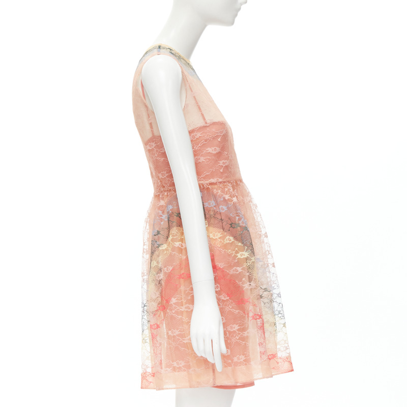 RED VALENTINO peach rainbow lace sleeveless fit flared cocktail dress IT40 S-3