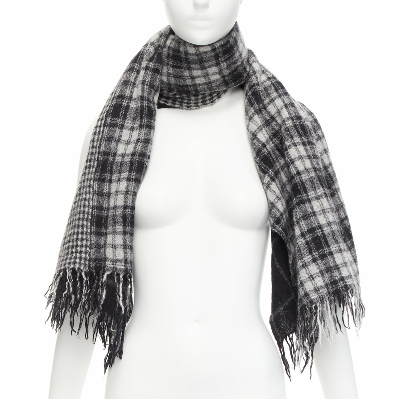 Y'S YOHJI YAMAMOTO grey 100% wool checkered black Y safety pin fringe scarf-0