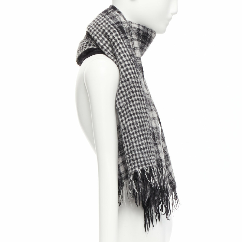 Y'S YOHJI YAMAMOTO grey 100% wool checkered black Y safety pin fringe scarf-3