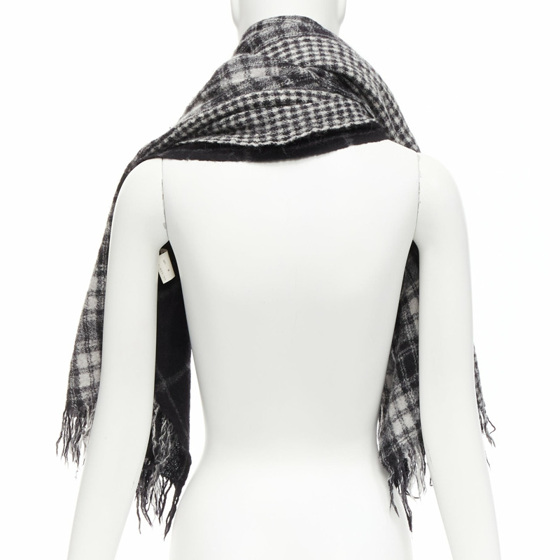 Y'S YOHJI YAMAMOTO grey 100% wool checkered black Y safety pin fringe scarf-4