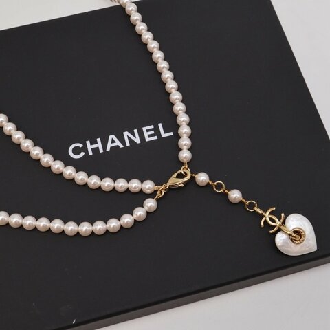 CHANEL 24B雙層珍珠愛心墜飾腰鍊