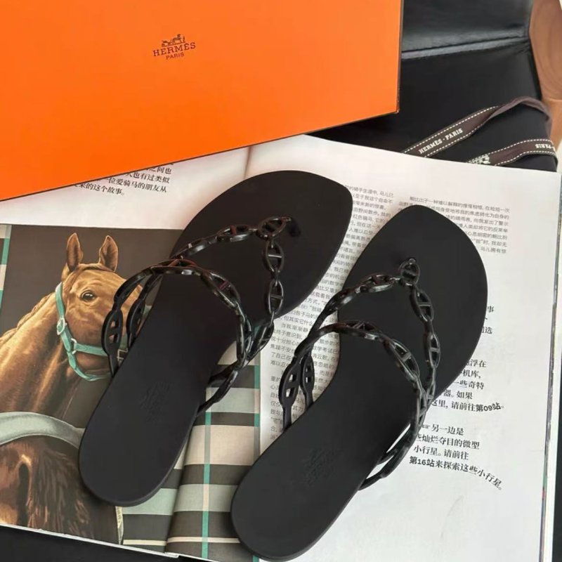hermes 黑色豬鼻子鍊條island夾腳黑色沙灘拖鞋37 全新配件塵袋-3