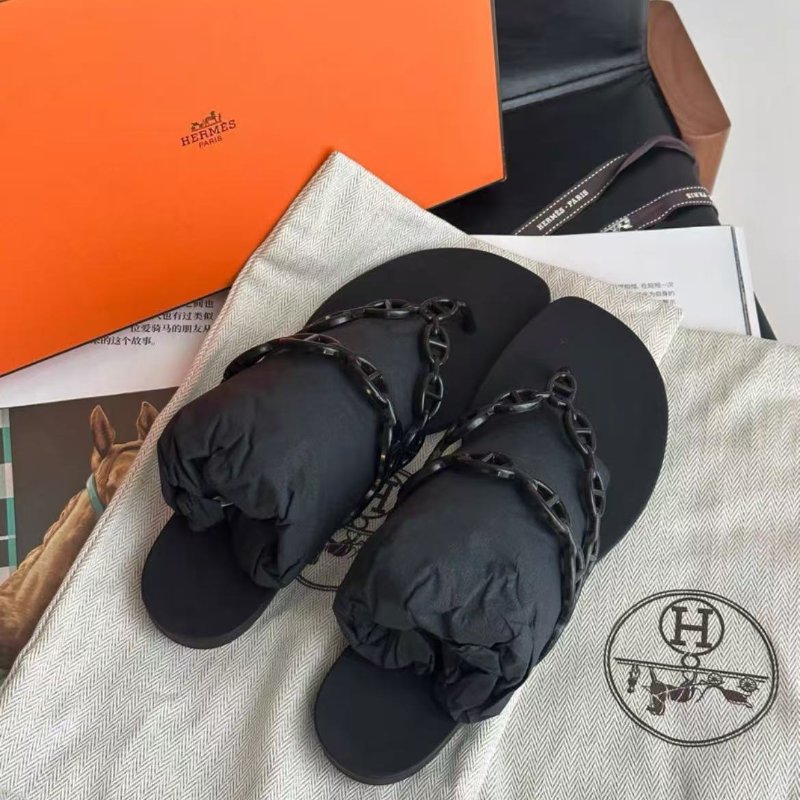 hermes 黑色豬鼻子鍊條island夾腳黑色沙灘拖鞋37 全新配件塵袋-4