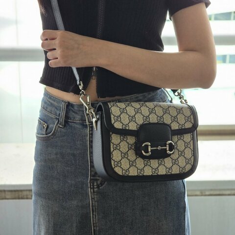 Gucci Horsebit 1955 小號深藍色老花斜背包