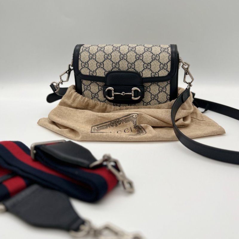 【極新♥️小編實拍 📷】Gucci Horsebit 1955 小號 墨水藍 經典花紋 馬鞍包 斜背包|雙肩帶-2