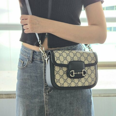 Gucci Horsebit 1955 小號深藍色老花斜背包