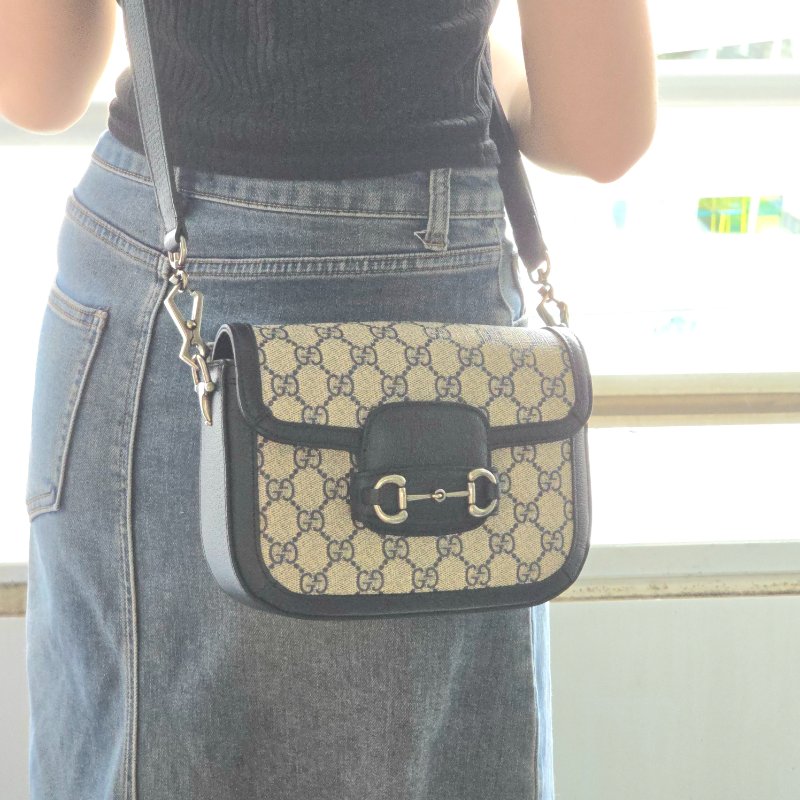 【極新♥️小編實拍 📷】Gucci Horsebit 1955 小號 墨水藍 經典花紋 馬鞍包 斜背包|雙肩帶-1