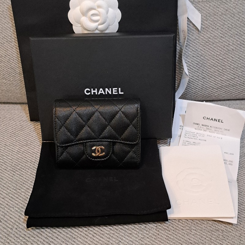 保留 Chanel 香奈兒 三折短夾黑色荔枝皮*金logo-0