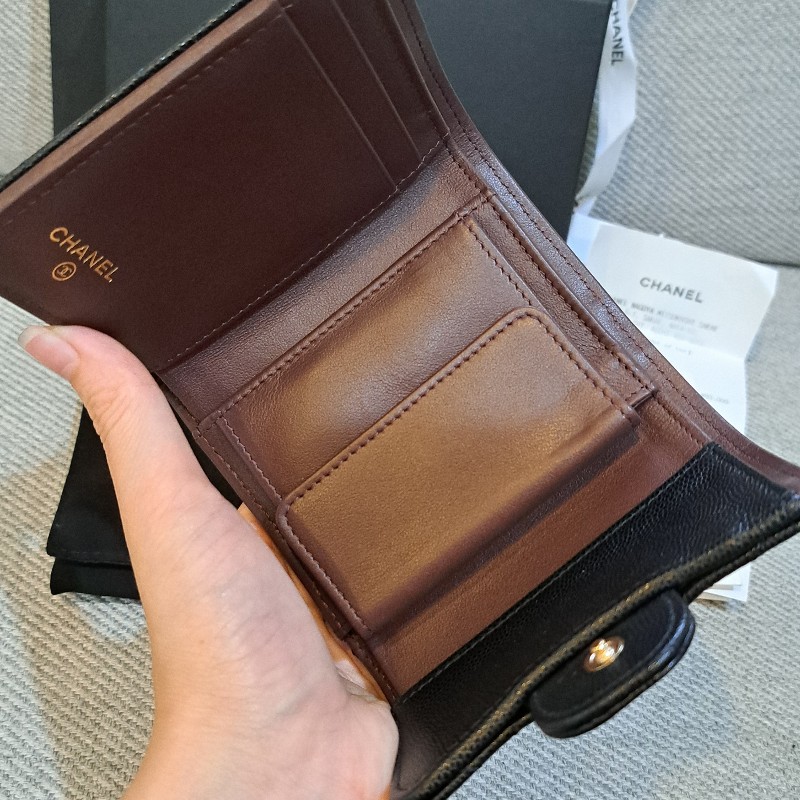 保留 Chanel 香奈兒 三折短夾黑色荔枝皮*金logo-3