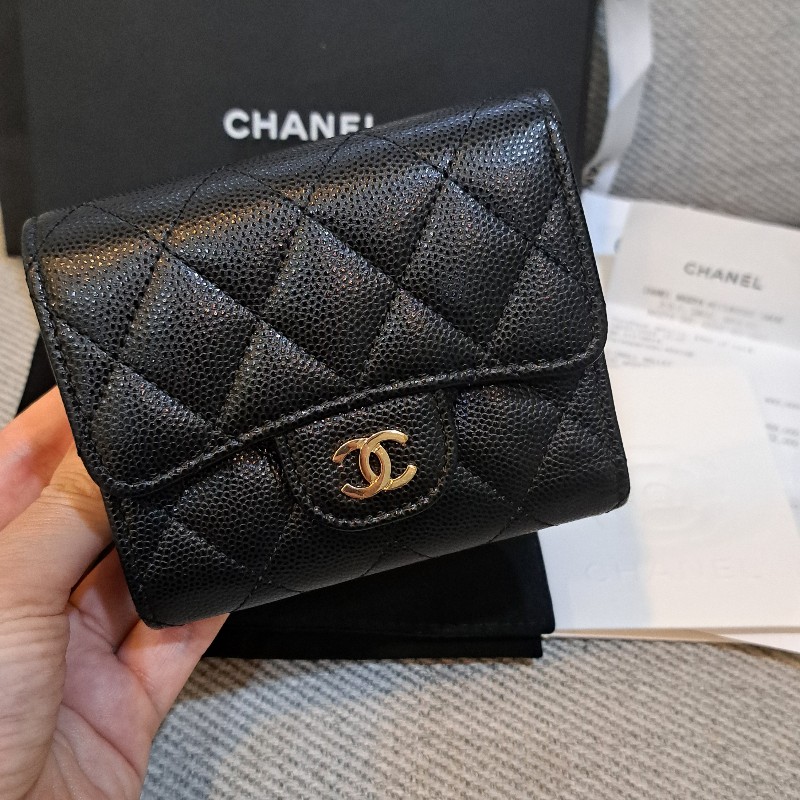保留 Chanel 香奈兒 三折短夾黑色荔枝皮*金logo-5