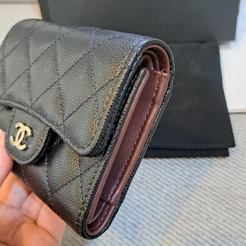 保留 Chanel 香奈兒 三折短夾黑色荔枝皮*金logo-10