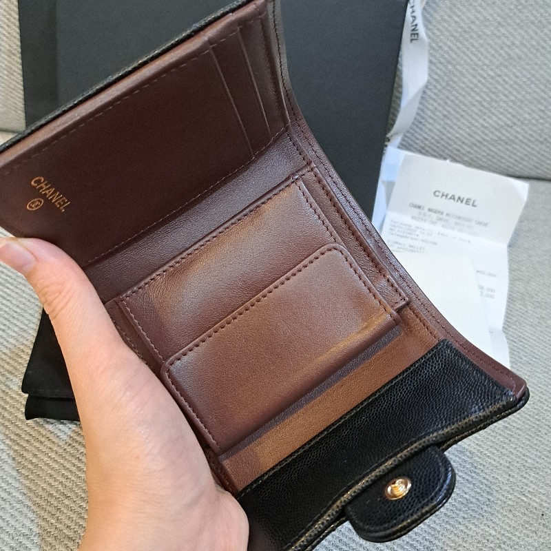 保留 Chanel 香奈兒 三折短夾黑色荔枝皮*金logo-16