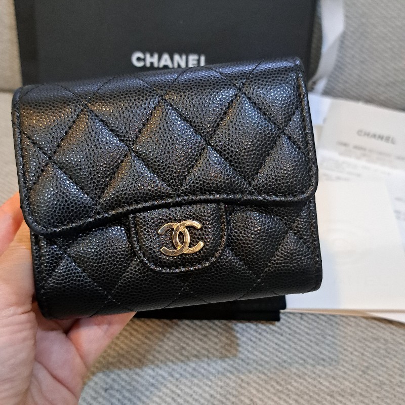 保留 Chanel 香奈兒 三折短夾黑色荔枝皮*金logo-22