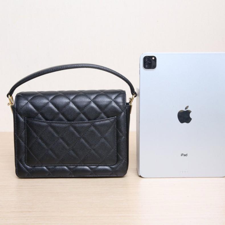 CHANEL(香奈兒)  黑色  晶片開 金扣 24K 手柄 CF 口蓋包 手提單肩包 22cm-2