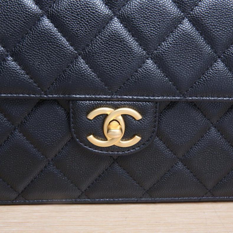 CHANEL(香奈兒)  黑色  晶片開 金扣 24K 手柄 CF 口蓋包 手提單肩包 22cm-5