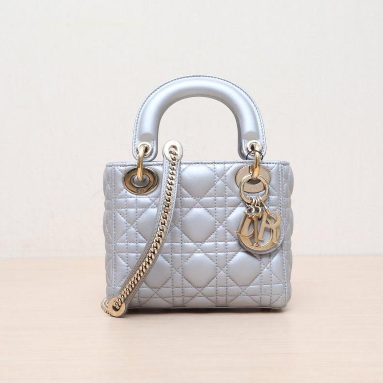 DIOR(迪奧) Lady Dior 戴妃包 三格 銀色 金扣 2016-0