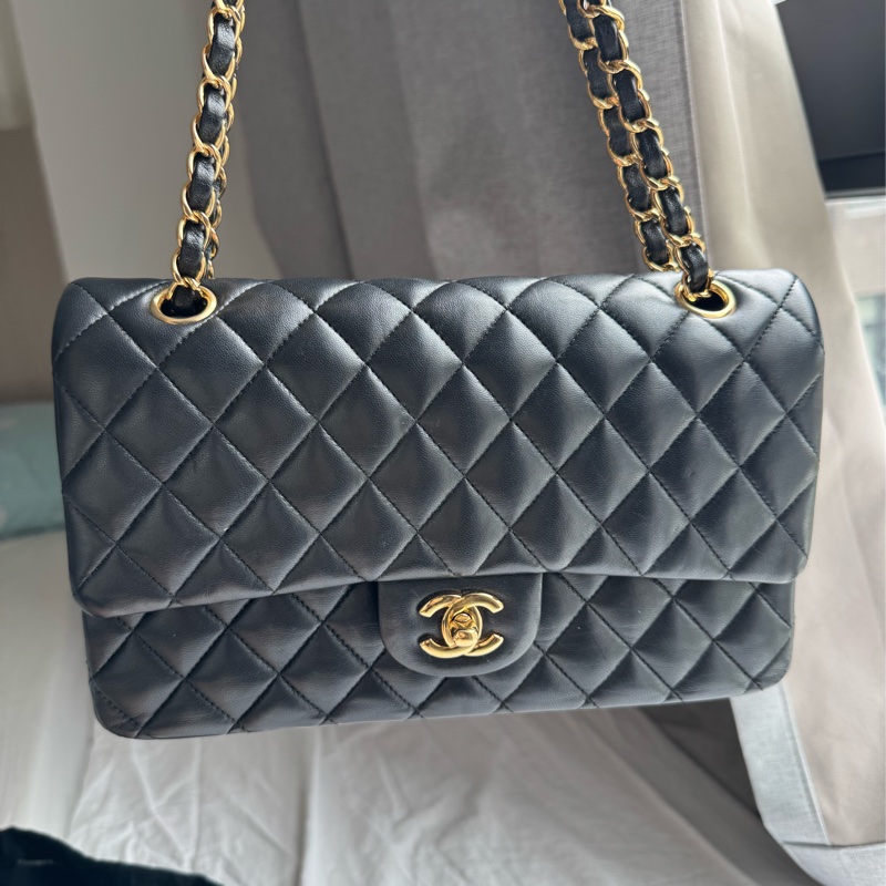 Chanel CF 25 口蓋包 coco包 黑金 羊皮款-26