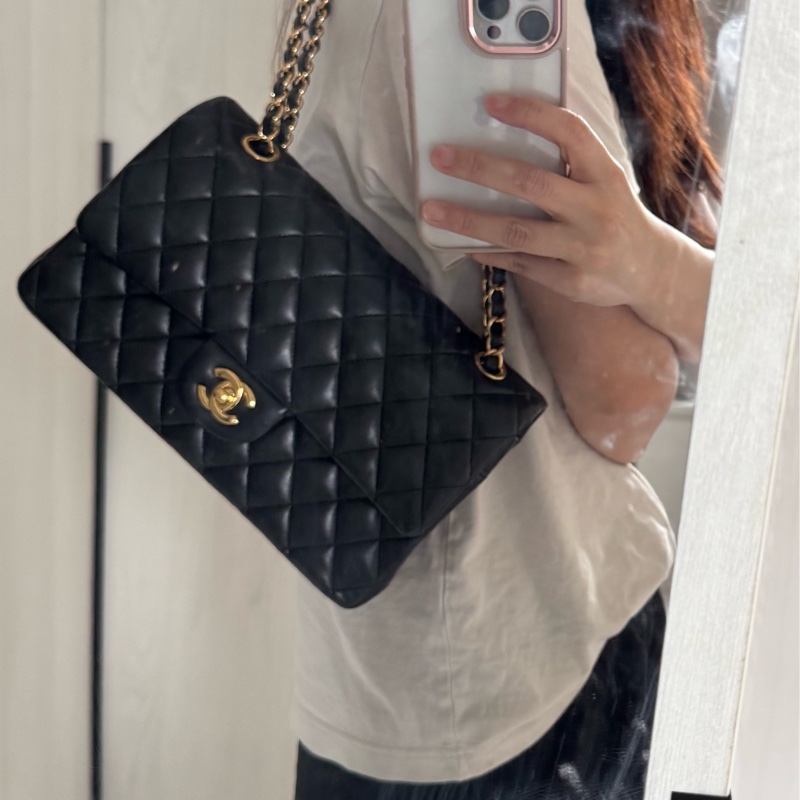 Chanel CF 25 口蓋包 coco包 黑金 羊皮款-31