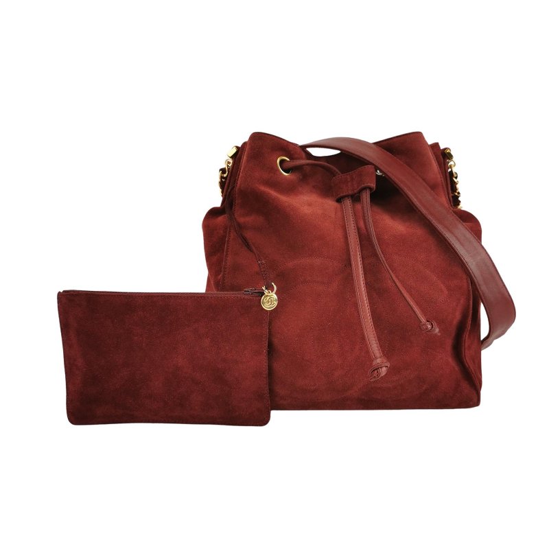 9❤Chanel香奈兒紅色翻毛皮雙C抽繩中古水桶單肩子母包-0