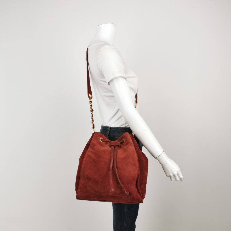 9❤Chanel香奈兒紅色翻毛皮雙C抽繩中古水桶單肩子母包-1