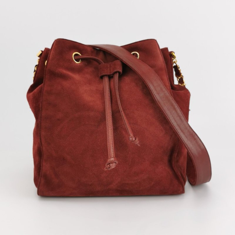 9❤Chanel香奈兒紅色翻毛皮雙C抽繩中古水桶單肩子母包-2