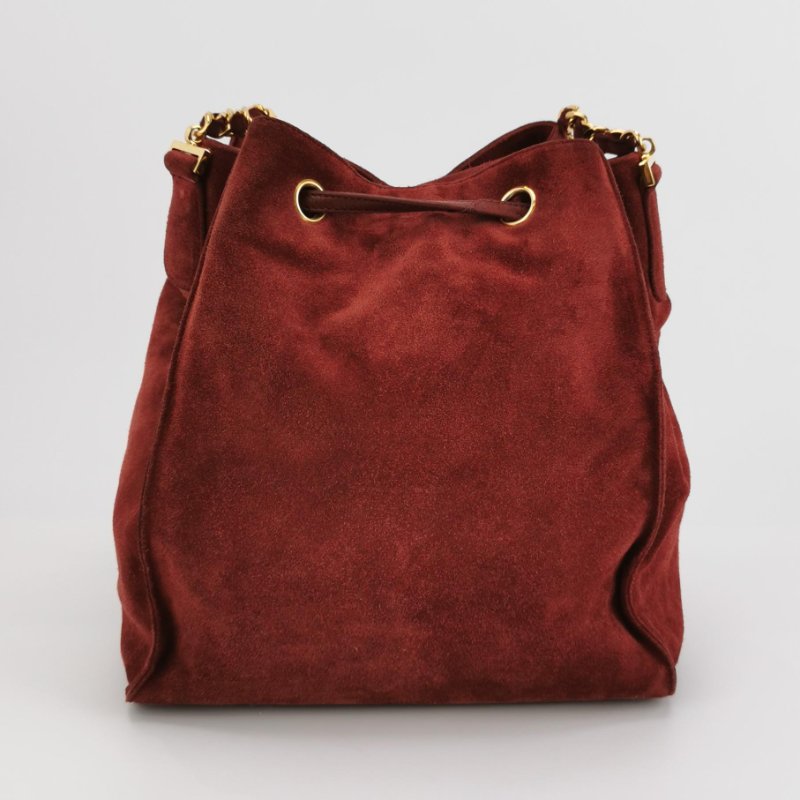 9❤Chanel香奈兒紅色翻毛皮雙C抽繩中古水桶單肩子母包-4