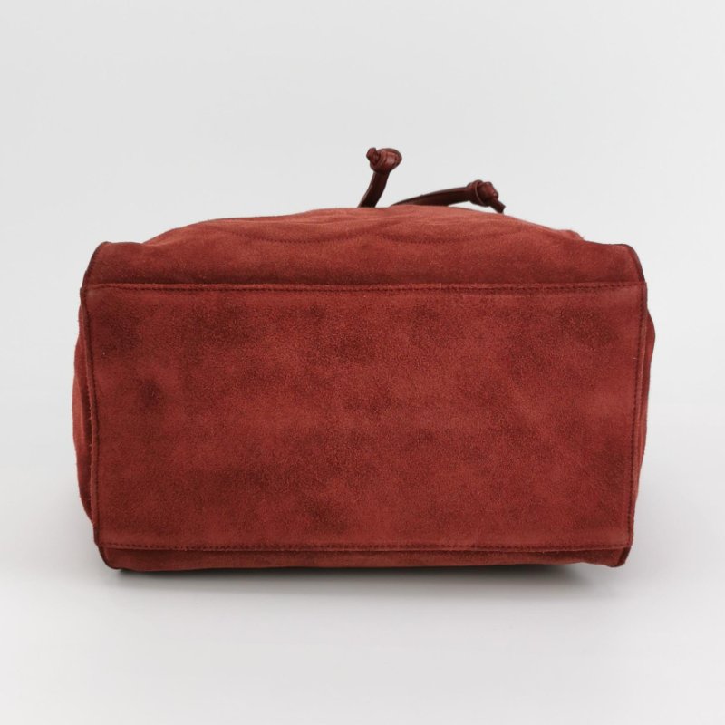 9❤Chanel香奈兒紅色翻毛皮雙C抽繩中古水桶單肩子母包-5