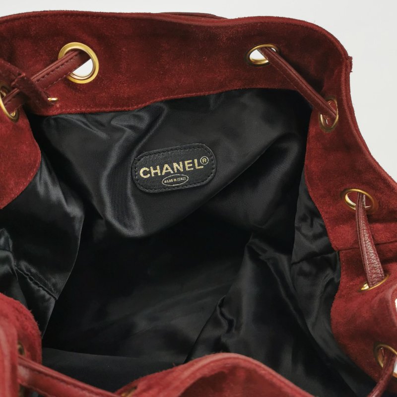 9❤Chanel香奈兒紅色翻毛皮雙C抽繩中古水桶單肩子母包-7